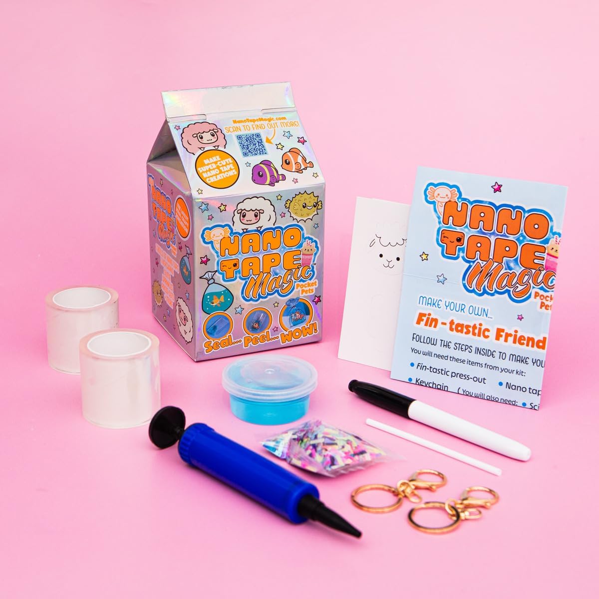 Nano Tape Magic Pocket Pets Mini Kit, DIY Nano Tape Bubble Craft Set with Keychain Projects and Slime Accessories for Kids, Arts & Crafts Kit, Ages 6+