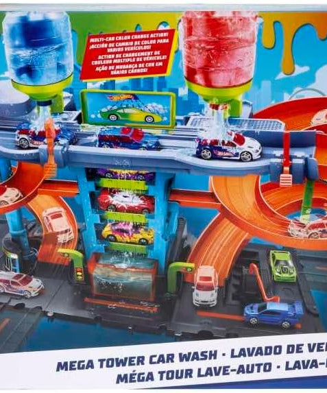 Hot Wheels City Mega Car Wash Playset with 1 Color Shifters Car, No-Mess Water Play, Track Features, Connects to Other Sets, Kids Toys for Ages 3 and Up