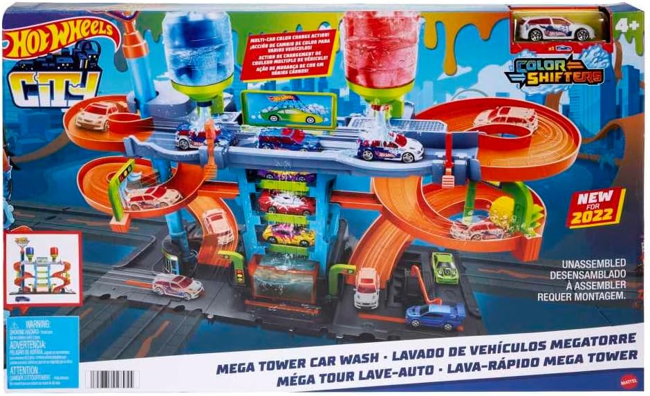 Hot Wheels City Mega Car Wash Playset with 1 Color Shifters Car, No-Mess Water Play, Track Features, Connects to Other Sets, Kids Toys for Ages 3 and Up