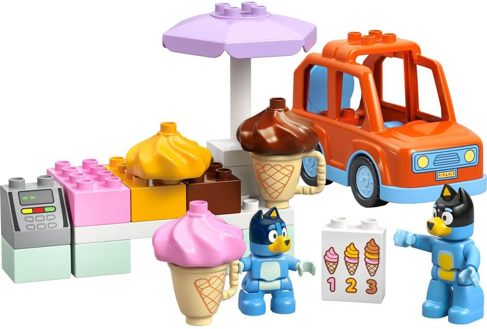 LEGO DUPLO Bluey Ice Cream Trip Toddler Toy with Vehicle Ice Cream Stand and 2 Figures including Bandit Gift for 2+ Year Old Girls and Boys 10458