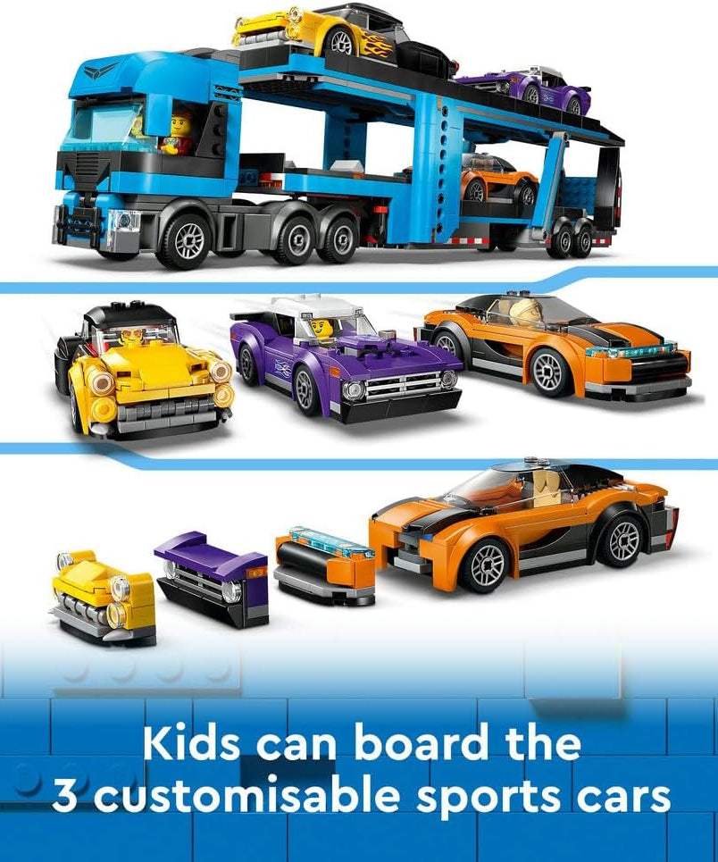LEGO City Car Transporter Truck with Sports Cars, 4 Vehicle Toy Set for 7 Plus Year Old Kids, Boys & Girls, with Trailer and 4 Minifigures for Imaginative Play, Creative Gift Idea 60408