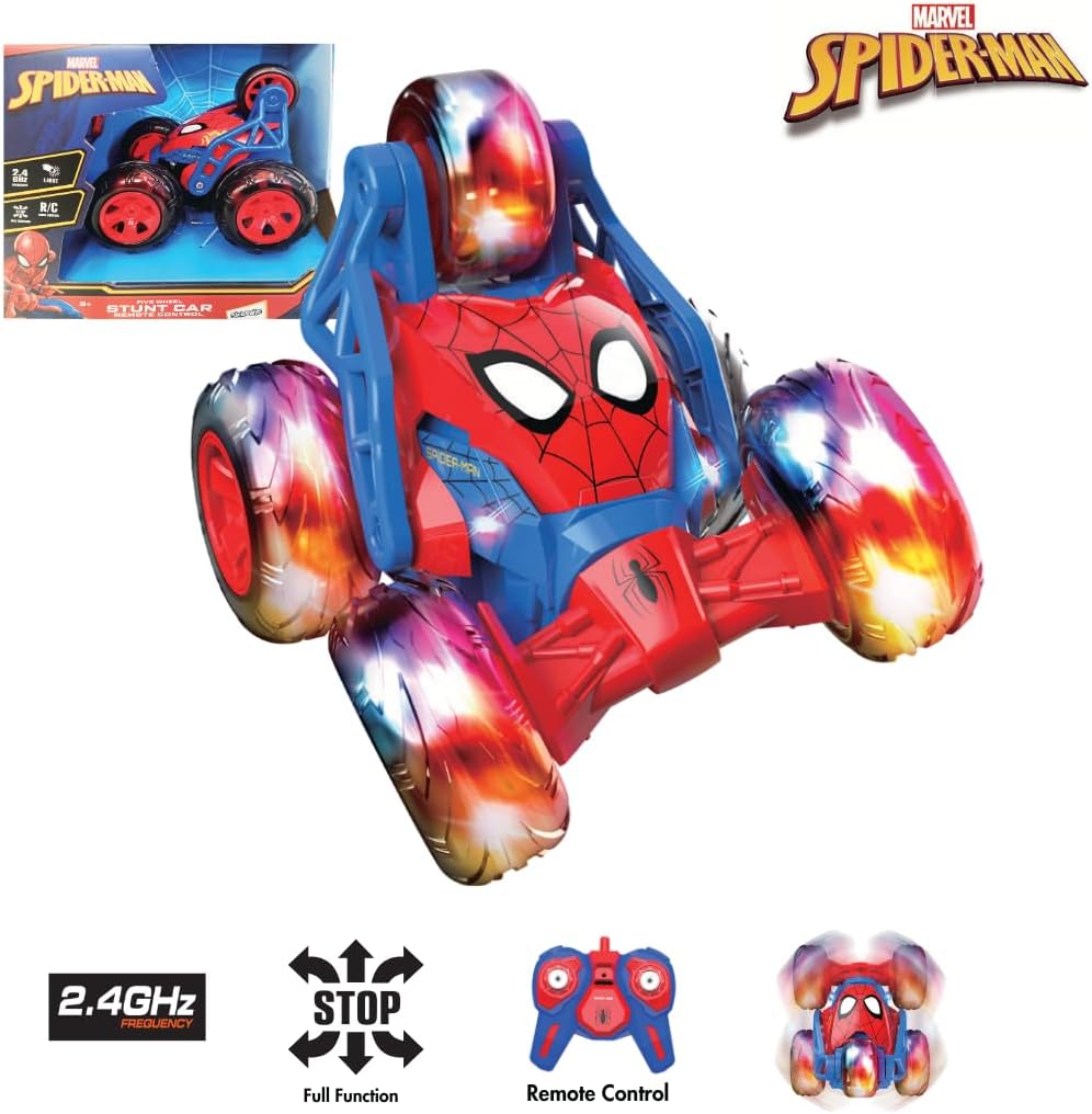 Marvel Spider-Man Remote Control Storm Spinner, 5-Wheel RC Stunt Car with 360 Degree Rotation, 2.4GHz Full Function Toy for Children, High-Action Stunts, Age 3+