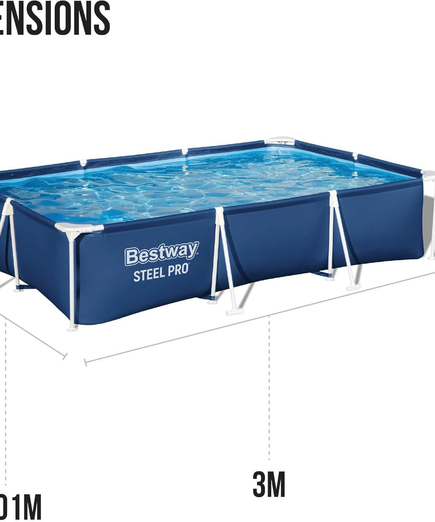 Bestway Steel Pro Rectangular Above Ground Swimming Pool 3m x 2m x 66cm/9'10" x 6'7", Frame Pools, Corrosion-resistant Steel Frame, Sturdy & Durable