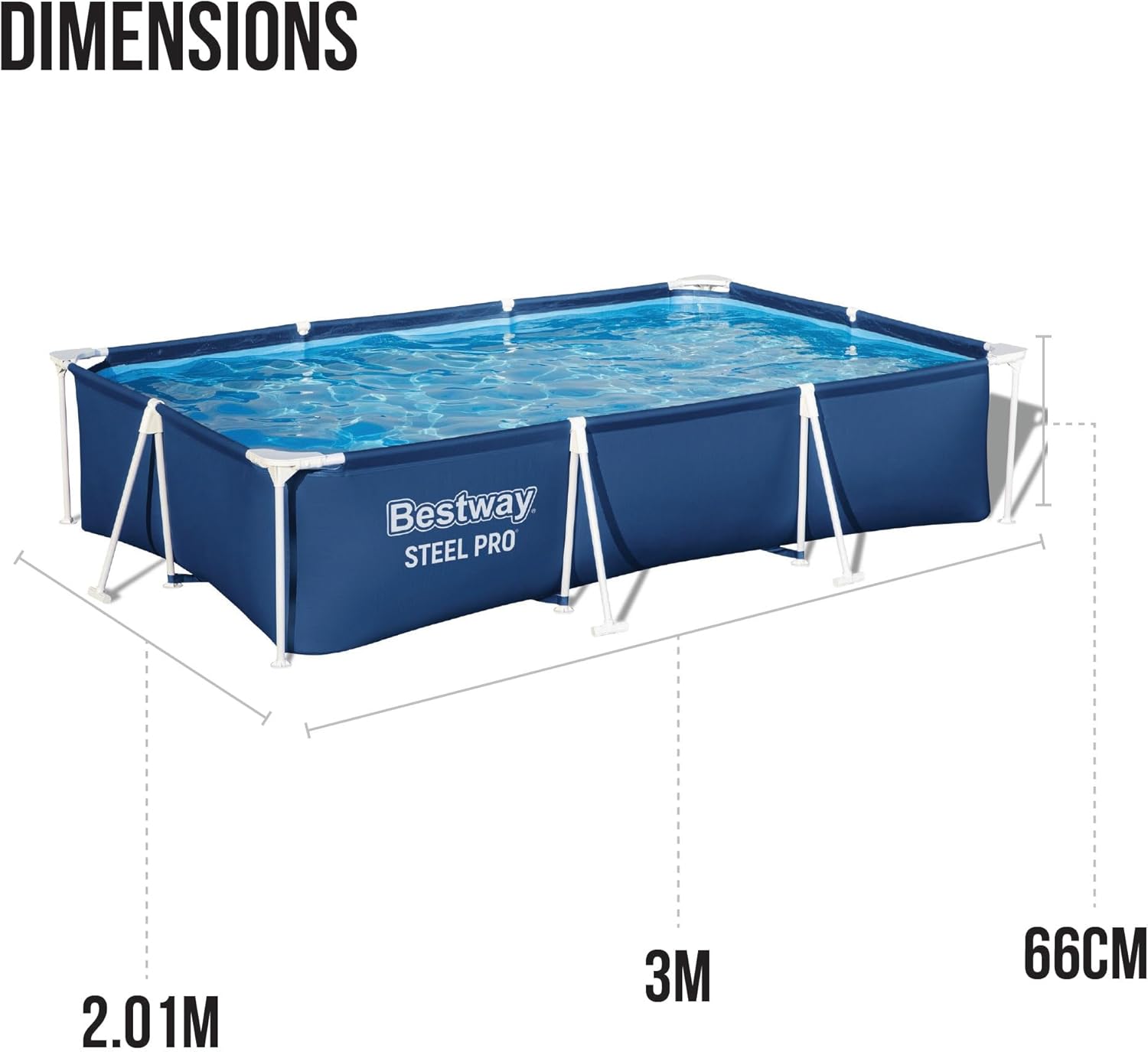 Bestway Steel Pro Rectangular Above Ground Swimming Pool 3m x 2m x 66cm/9'10" x 6'7", Frame Pools, Corrosion-resistant Steel Frame, Sturdy & Durable