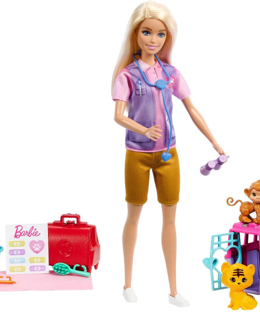 مجموعة ألعاب إنقاذ الحيوانات من باربي مع دمية شقراء وشخصيات قرد صغير ونمر وإكسسوارات للأطفال من سن 3 سنوات فما فوق