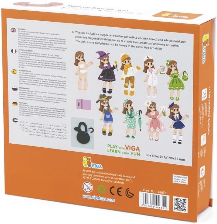 Viga Magnetic Dress Up – Girl, Wooden Magnetic Doll with 44 Dress-Up Pieces, Hand-Eye Coordination Toy, Ages 3+