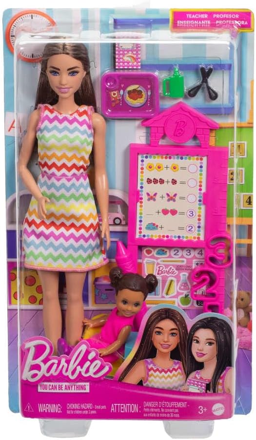 Barbie Teacher Doll with Brunette Fashion, 1 Toddler, & Classroom Accessories, Career Playset for Kids 3+