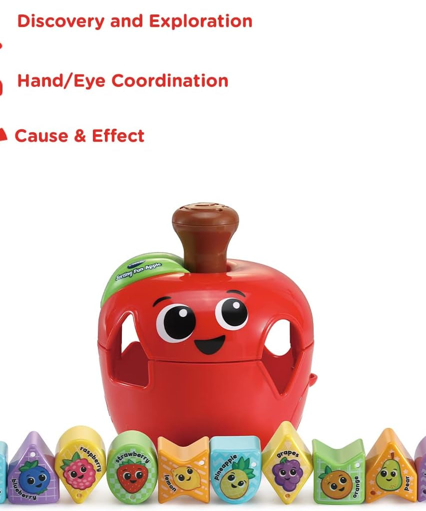 VTech 564603 Sorting Fun Apple Interactive Shape Sorter Toy with Spinning Fruit Shapes Educational Learning Toy for Toddlers 12-36 Months Made from 90% Reclaimed Plastic Includes 10 Shape Pieces and Quick Start Guide Multicolor