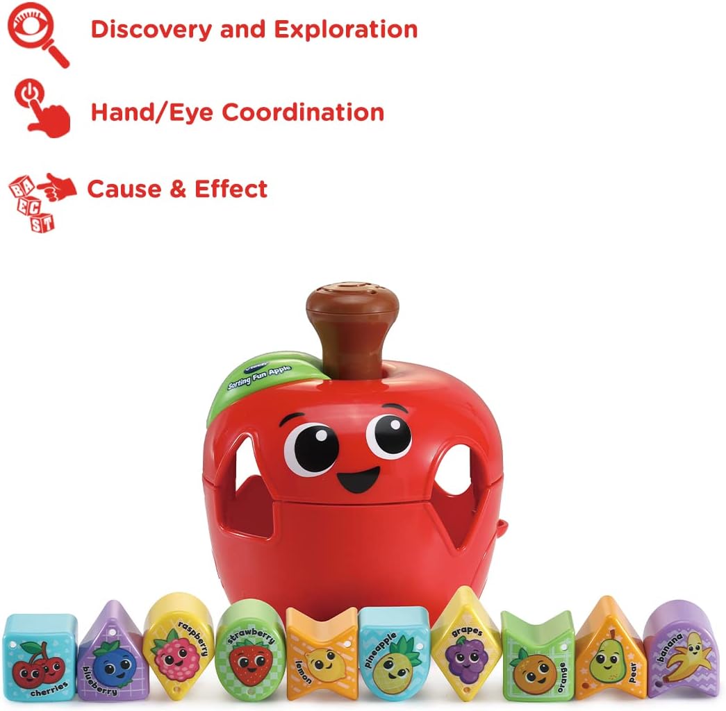 VTech 564603 Sorting Fun Apple Interactive Shape Sorter Toy with Spinning Fruit Shapes Educational Learning Toy for Toddlers 12-36 Months Made from 90% Reclaimed Plastic Includes 10 Shape Pieces and Quick Start Guide Multicolor