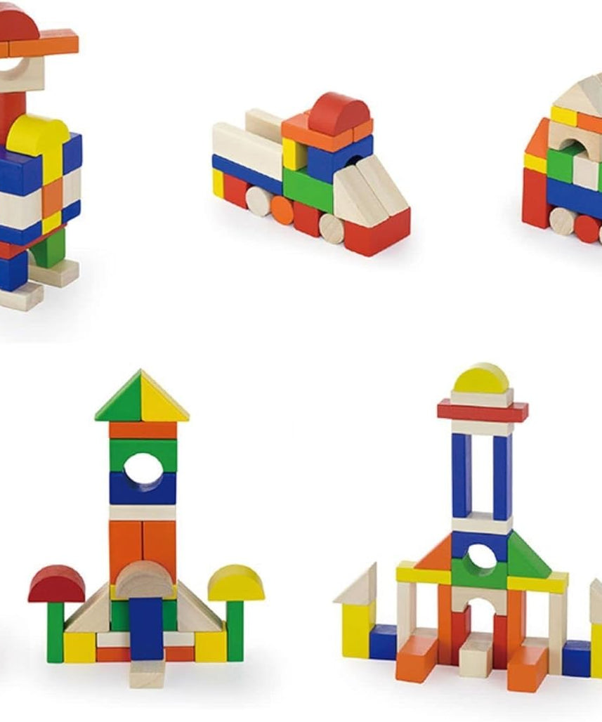 VIGA 100-Piece Wooden Building Blocks Set for Toddlers, Multicolored Montessori Construction Toy, Creative Learning Blocks, Ages 2+