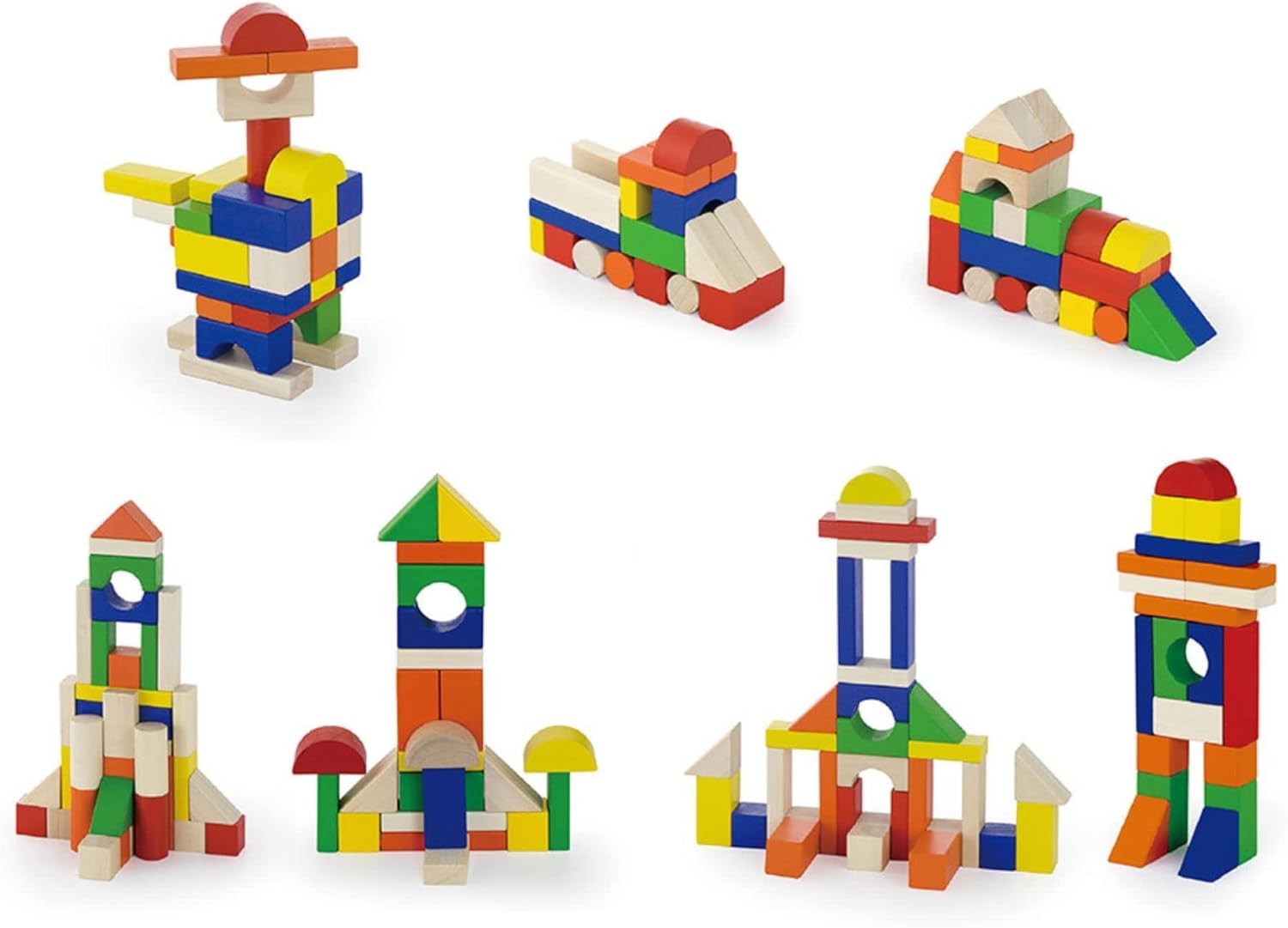 VIGA 100-Piece Wooden Building Blocks Set for Toddlers, Multicolored Montessori Construction Toy, Creative Learning Blocks, Ages 2+