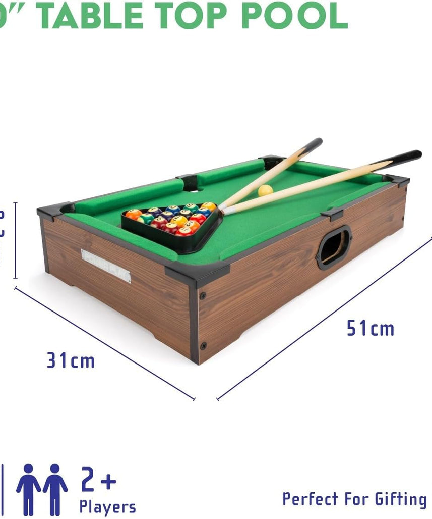 Power Play 20 Inch Pool Table, Kids Pool Game, Arcade Games for Boys and Girls 3+, Indoor and Outdoor Tabletop Game, Wooden Construction, Complete Billiard Set