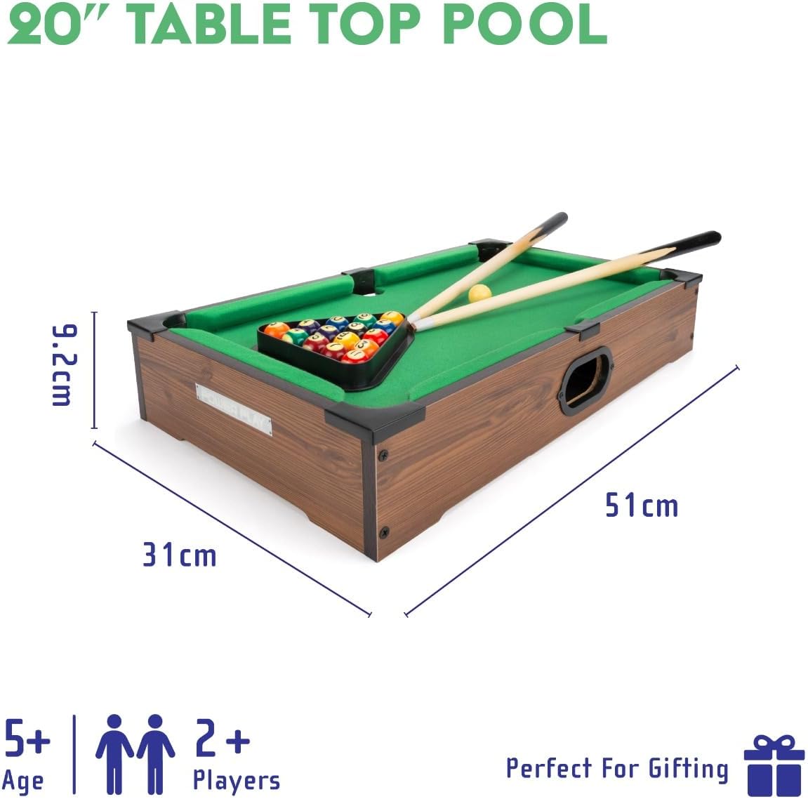 Power Play 20 Inch Pool Table, Kids Pool Game, Arcade Games for Boys and Girls 3+, Indoor and Outdoor Tabletop Game, Wooden Construction, Complete Billiard Set
