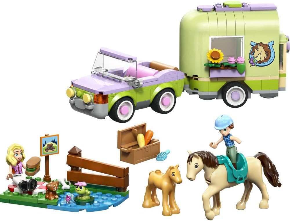 LEGO Friends Horse & Baby Foal Trailer - Horse Toy Playset w/Grooming Accessories, 4 Animal Figures, Car & 2 Mini Dolls - Birthday Gift Idea for 7+ Year Old Girls - 42695