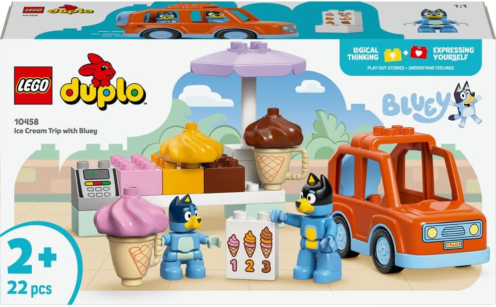 LEGO DUPLO Bluey Ice Cream Trip Toddler Toy with Vehicle Ice Cream Stand and 2 Figures including Bandit Gift for 2+ Year Old Girls and Boys 10458