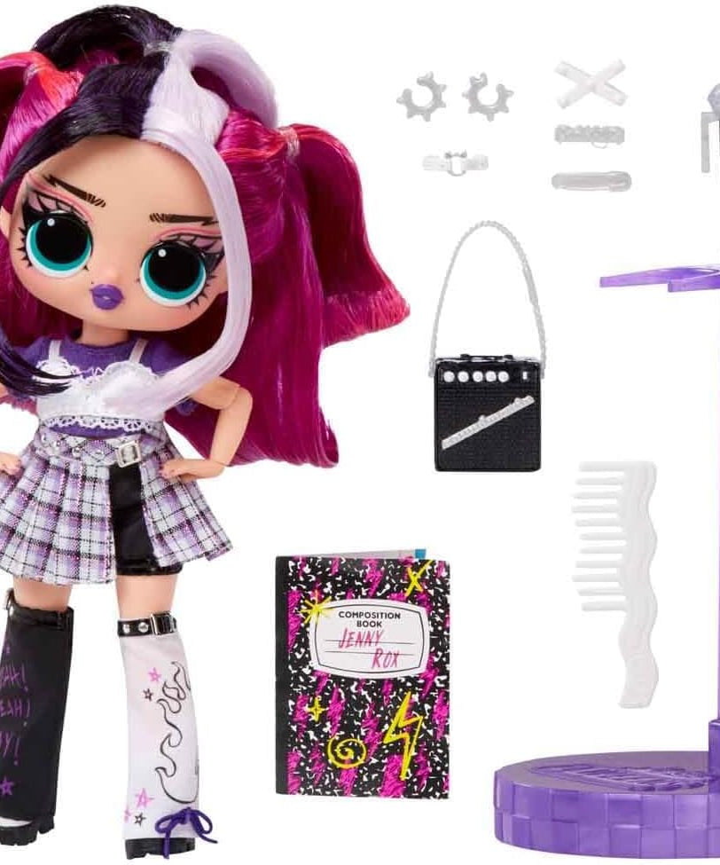 L.O.L. Surprise Tweens Series 4 Fashion Doll Jenny Rox with 15 Surprises, Collectible Articulated Doll with Accessories, Hairbrush, Microphone, Purse, and Doll Stand, Ages 3+