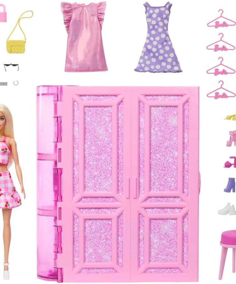 Barbie Dream Closet Toy Playset with Blonde Fashion Doll, Clothes & Accessories, 3-ft-Wide with 25+ Pieces, 3 Complete Looks, Age 3+ Years
