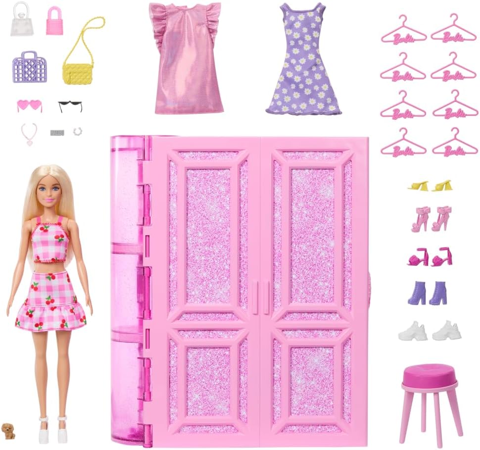 Barbie Dream Closet Toy Playset with Blonde Fashion Doll, Clothes & Accessories, 3-ft-Wide with 25+ Pieces, 3 Complete Looks, Age 3+ Years