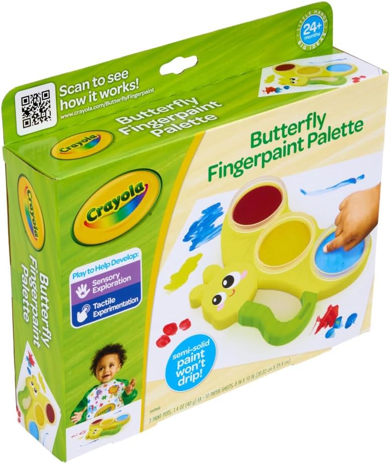 Crayola Butterfly Fingerpaint Palette – Toddler Art Set with 3 Washable Paint Pots & 10 Large Sheets | Mess-Free Sensory Painting Kit for Kids, Creative Gift for Ages 2+