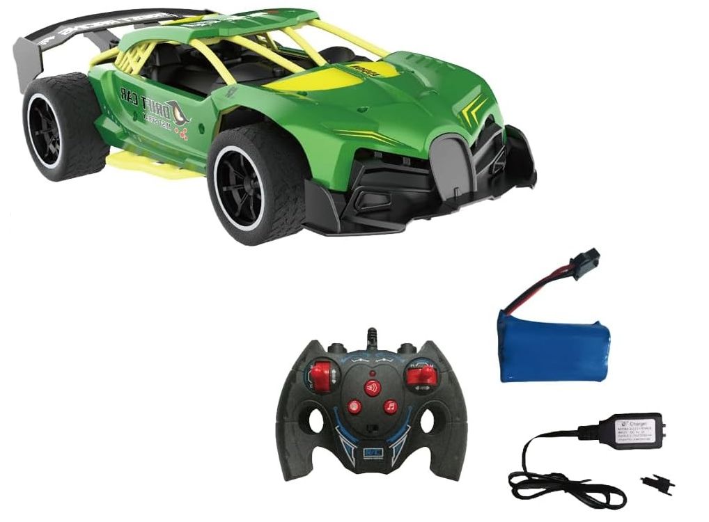 Crazon 1:14 Scale High-Speed Green Drift RC Car with Smoke Effects, Sound, 4-Direction Remote Control, Rechargeable Battery, for Kids 3+