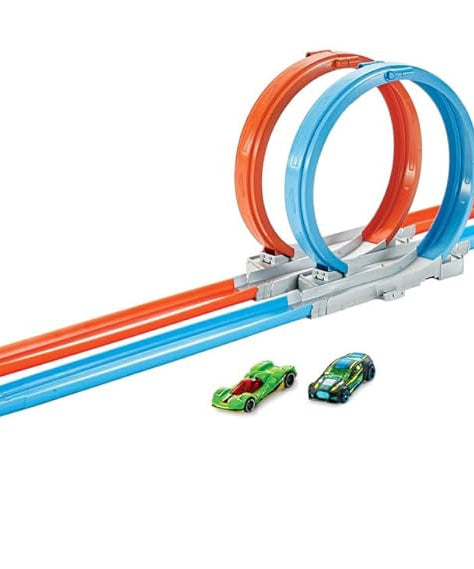 Hot Wheels Double Loop Dash Track Set, Side by Side Drag Race Track with Double Loop Stunt, Includes 2 Hot Wheels 1:64 Scale Cars, 5+ Years