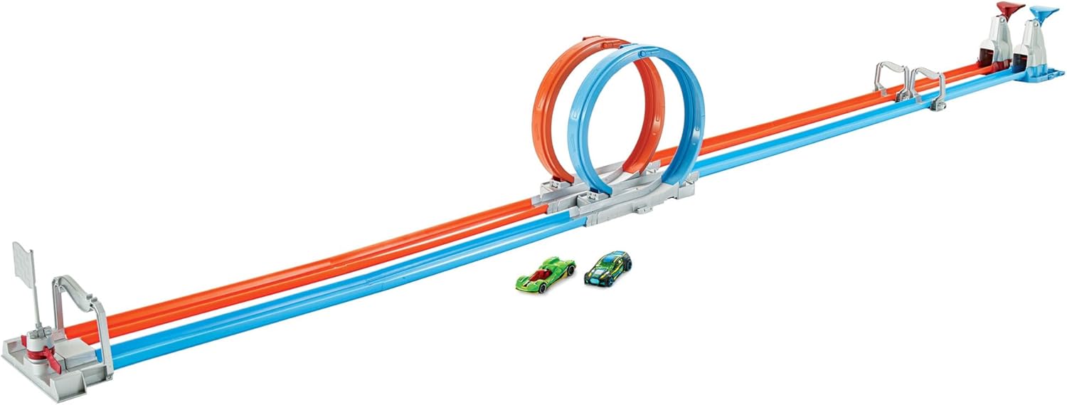 Hot Wheels Double Loop Dash Track Set, Side by Side Drag Race Track with Double Loop Stunt, Includes 2 Hot Wheels 1:64 Scale Cars, 5+ Years