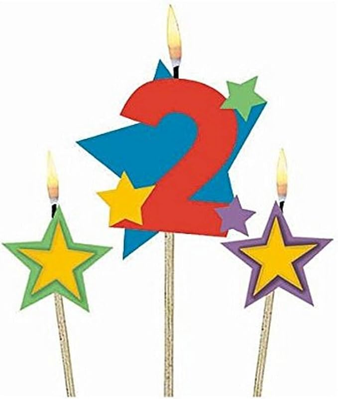 Amscan Party Time Stars and Number 2 Celebration Candle on a Stick, Pack of 3, Multi, 7" Wax