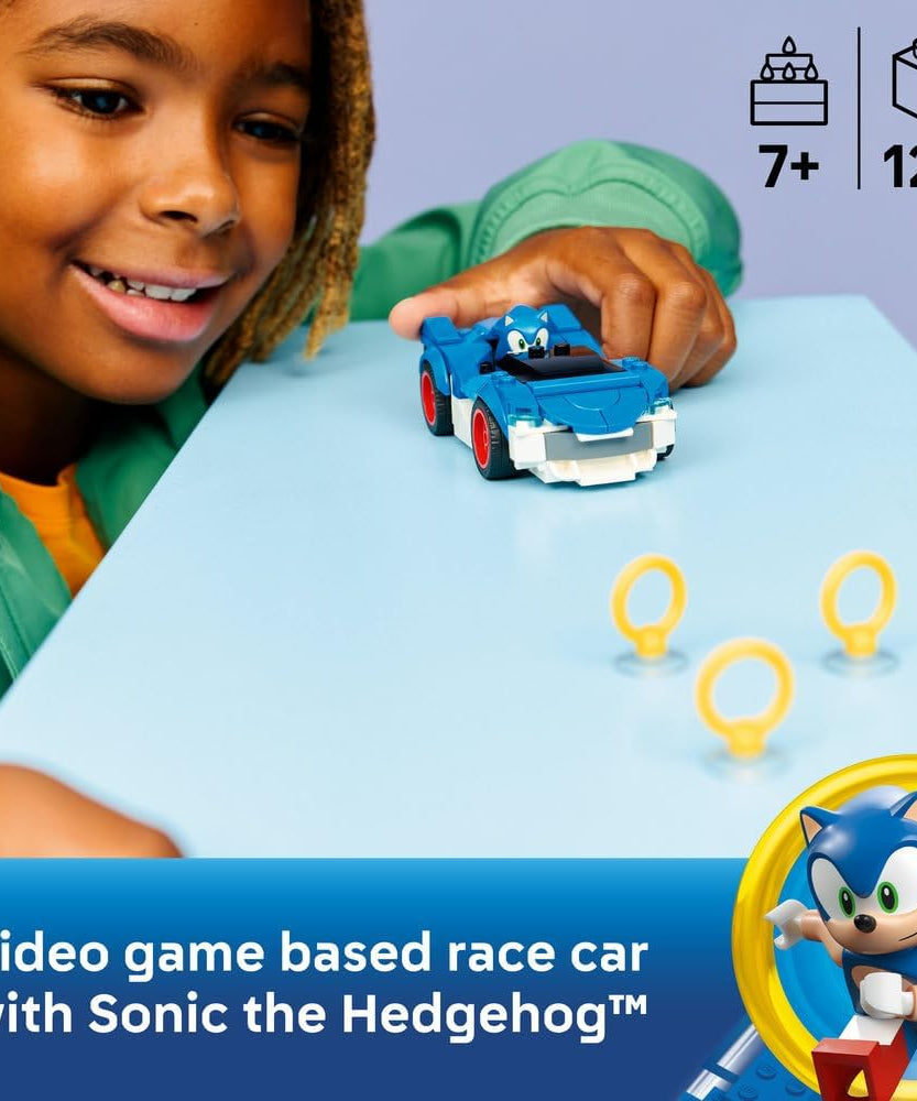 LEGO Sonic the Hedgehog: Sonic : Speedster Lightning - Race Car Toy w/a Minifigure, Chaos Emerald & 3 Gold Rings - Gaming Gift for 7+ Year Old Boys & Girls - 77117