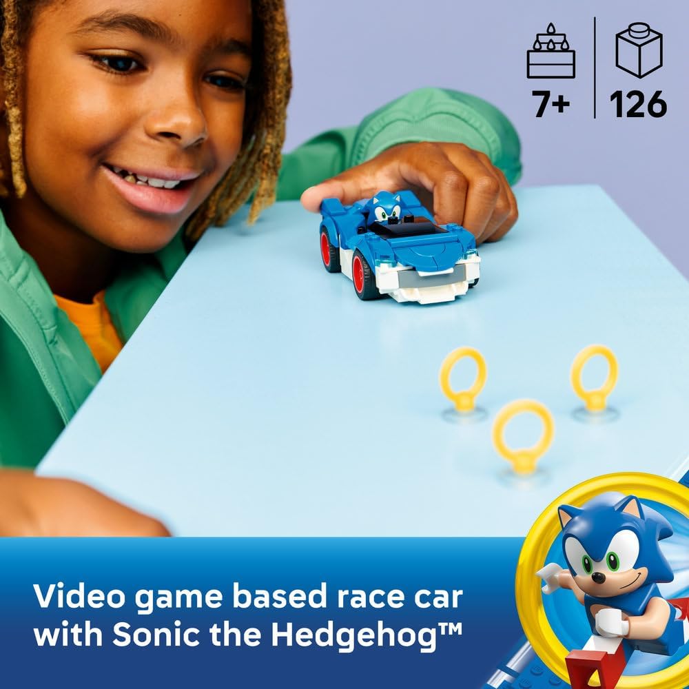 LEGO Sonic the Hedgehog: Sonic : Speedster Lightning - Race Car Toy w/a Minifigure, Chaos Emerald & 3 Gold Rings - Gaming Gift for 7+ Year Old Boys & Girls - 77117