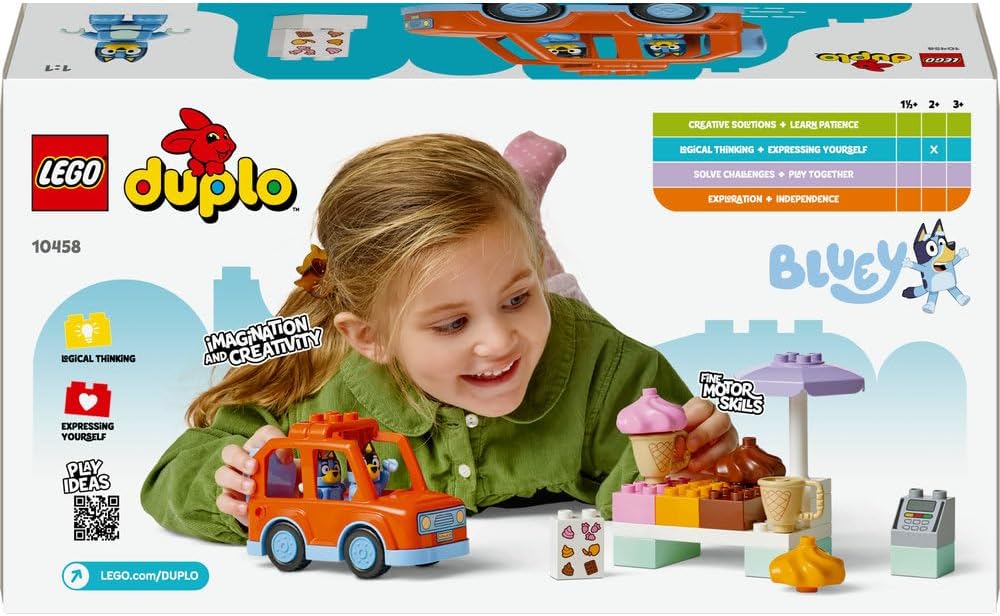 LEGO DUPLO Bluey Ice Cream Trip Toddler Toy with Vehicle Ice Cream Stand and 2 Figures including Bandit Gift for 2+ Year Old Girls and Boys 10458