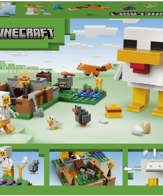 LEGO Minecraft Chicken Farm - Building Toy w/a Chicken Fan Minifigure, Baby Zombie & Fox Mob Figures - Gamer Gift for 7+ Year Old Boys & Girls - 21585