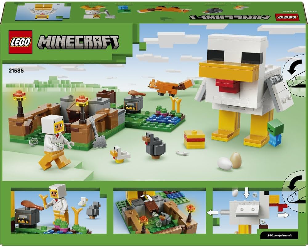 LEGO Minecraft Chicken Farm - Building Toy w/a Chicken Fan Minifigure, Baby Zombie & Fox Mob Figures - Gamer Gift for 7+ Year Old Boys & Girls - 21585