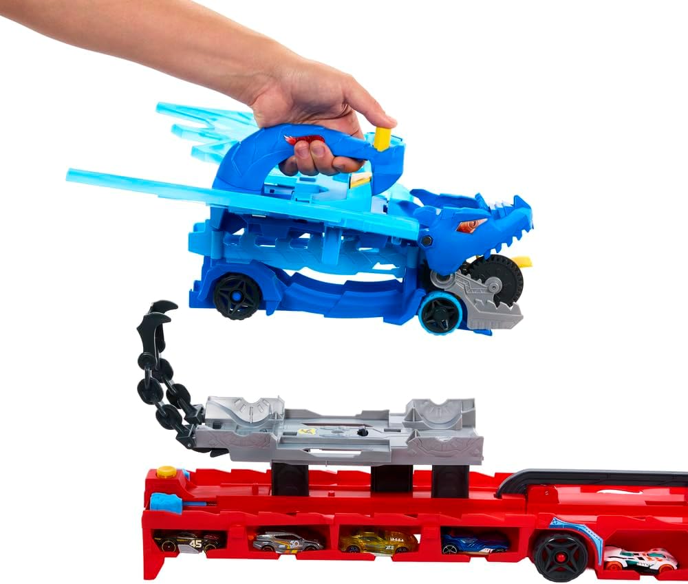 Hot Wheels City Toy Car Track Set, Ultimate Dual Dragon Transporter & 2 Die-Cast Cars, Large-Scale Dragon & Detachable Dragon, Stores 20+ Vehicles