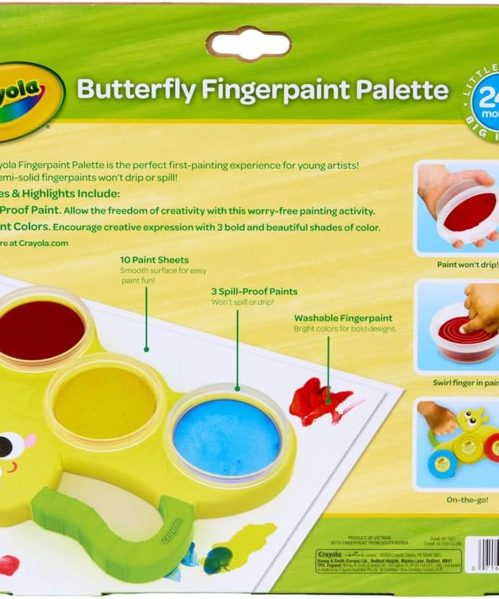 Crayola Butterfly Fingerpaint Palette – Toddler Art Set with 3 Washable Paint Pots & 10 Large Sheets | Mess-Free Sensory Painting Kit for Kids, Creative Gift for Ages 2+