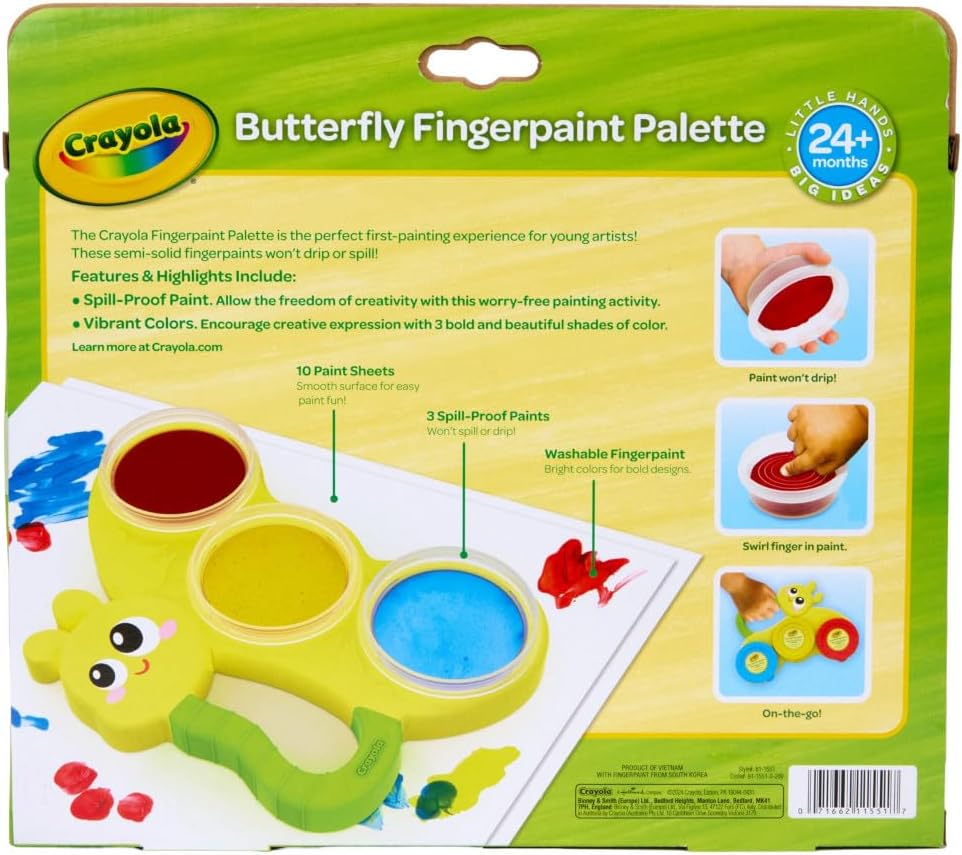 Crayola Butterfly Fingerpaint Palette – Toddler Art Set with 3 Washable Paint Pots & 10 Large Sheets | Mess-Free Sensory Painting Kit for Kids, Creative Gift for Ages 2+