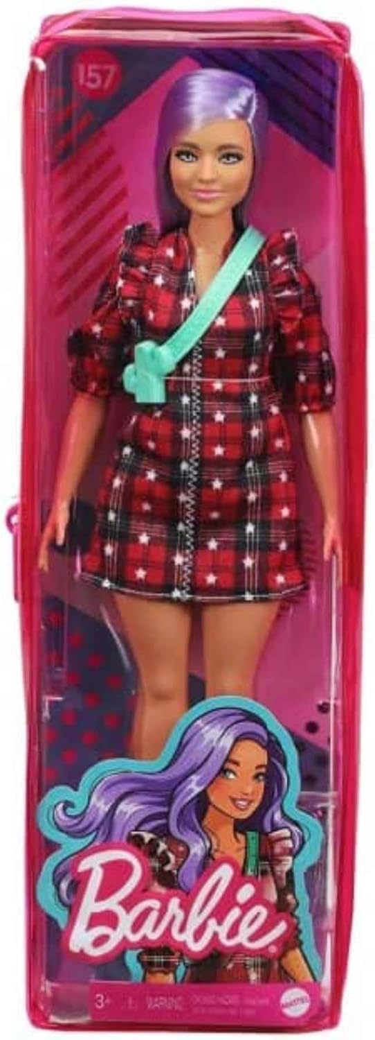 Barbie Fashionistas Doll #157, Curvy with Lavender Hair, Red Plaid Dress, White Cowboy Boots & Teal Cactus Bag, GRB49