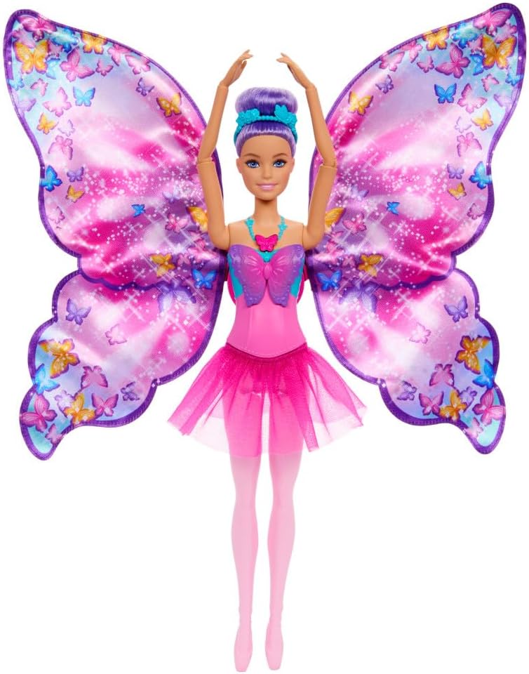 Barbie Dance and Flutter Doll with 2-in-1 Transformation from Dancer to Butterfly with Opening Wings, Purple Hair, Headpiece & Removable Tutu, HXJ10