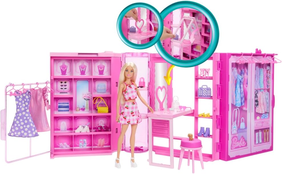Barbie Dream Closet Toy Playset with Blonde Fashion Doll, Clothes & Accessories, 3-ft-Wide with 25+ Pieces, 3 Complete Looks, Age 3+ Years