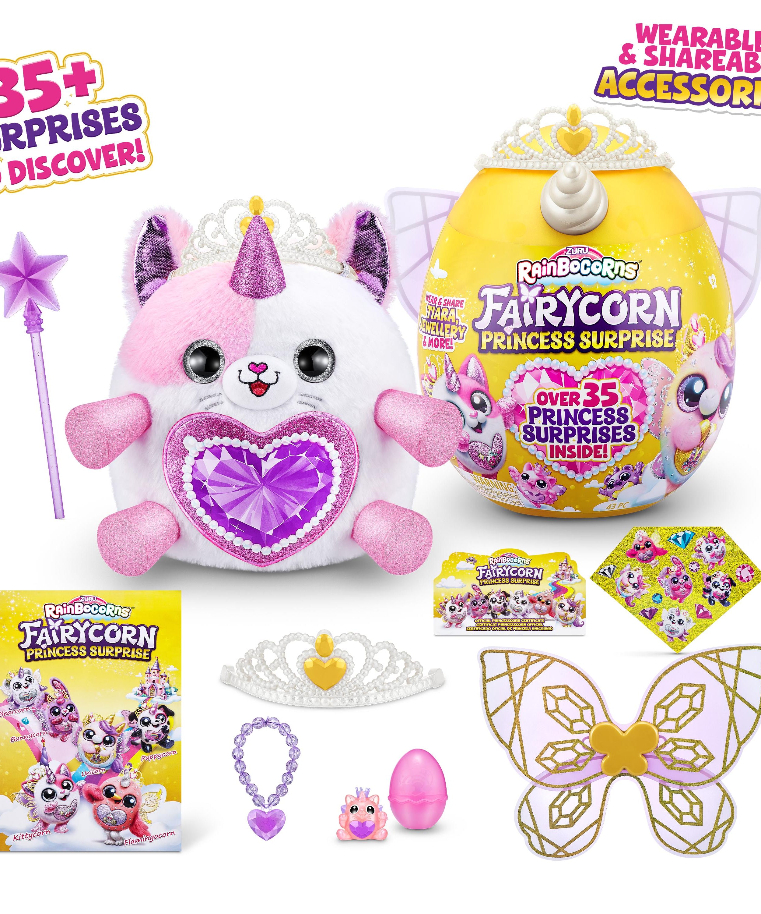 Rainbocorns Fairycorn Princess Surprise (Puppy) 11" Collectible Plush Toy with 35+ Surprises, Fairy Wings, Tiara, Wand, Boo-Boocorn, and Surprise Egg, Soft Toy for Girls Ages 3+