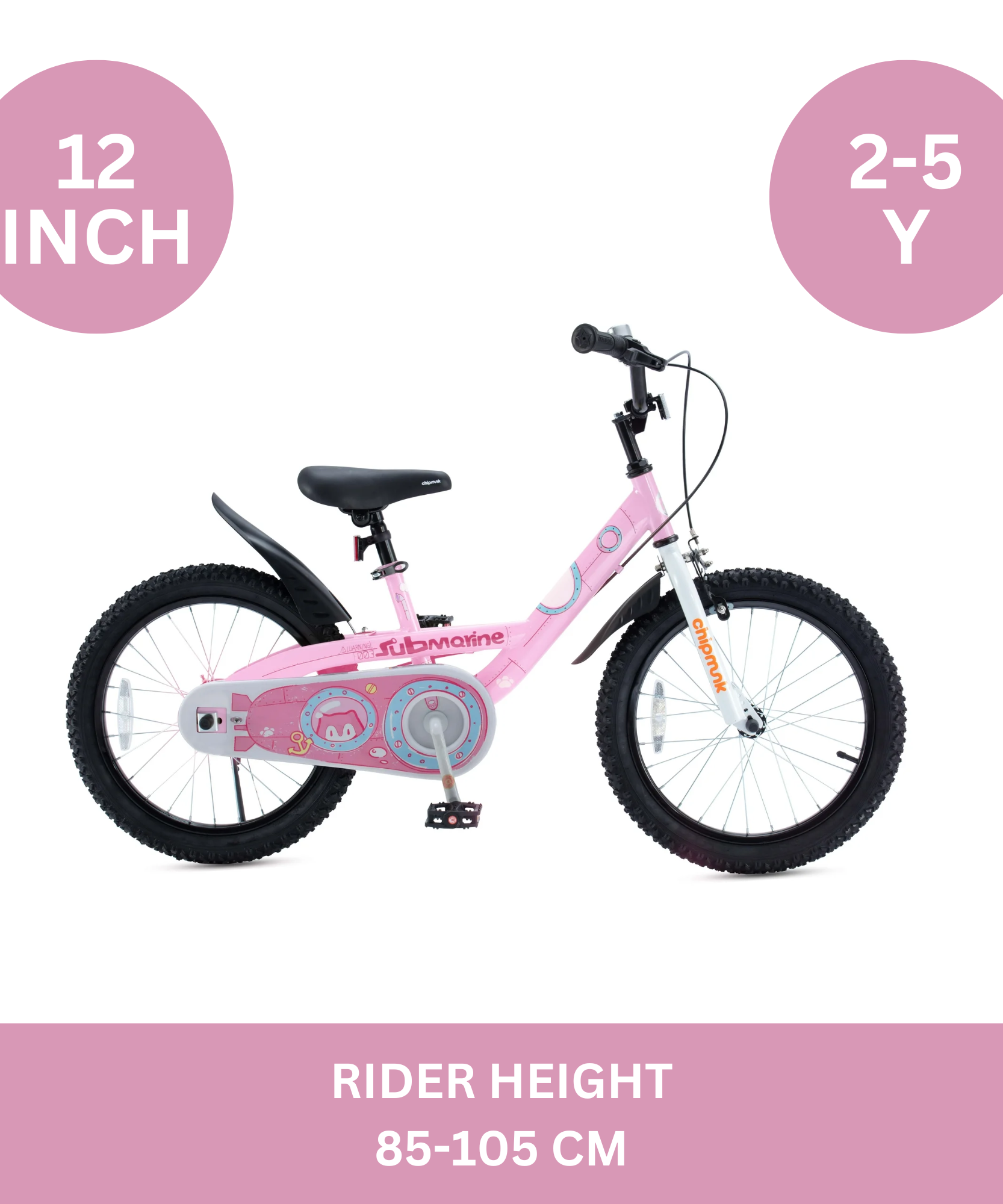 دراجة تشيبمنك سابمارين مقاس 12 بوصة بإطار فولاذي خفيف الوزن، ومقعد ومقبض قابلان للتعديل، وفرامل أمامية وخلفية، ودراجات أطفال مجمعة مسبقًا بنسبة 95% مع عجلات تدريب للأطفال من عمر 2 إلى 5 سنوات، لون وردي