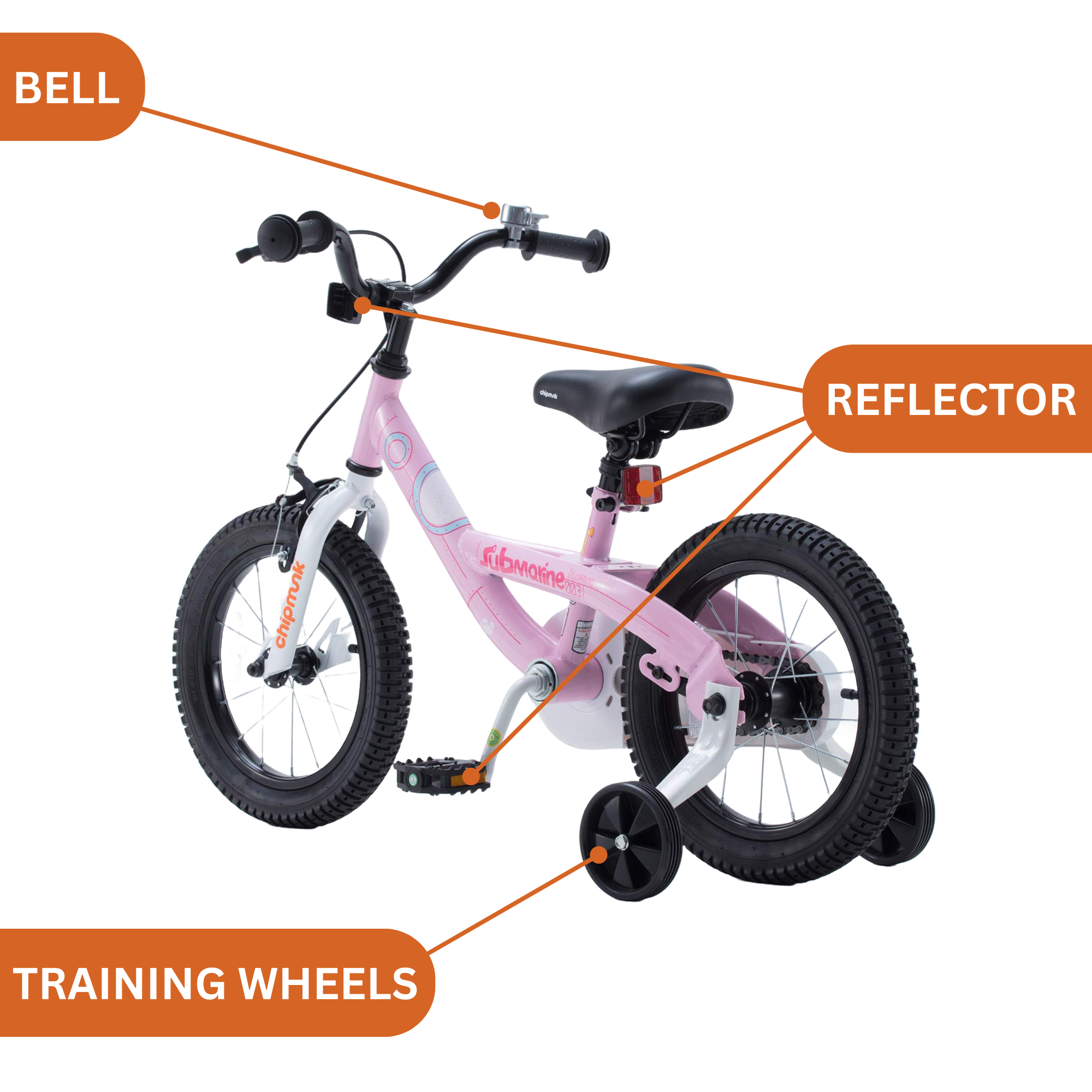 Chipmunk Submarine 16 Inch Bicycle with Lightweight Steel Frame, Adjustable Seat and Handle, Front + Rear Brakes, 95% Pre-Assembled Kid's Bikes with Training Wheels for Children 4-7 Years Old, Pink