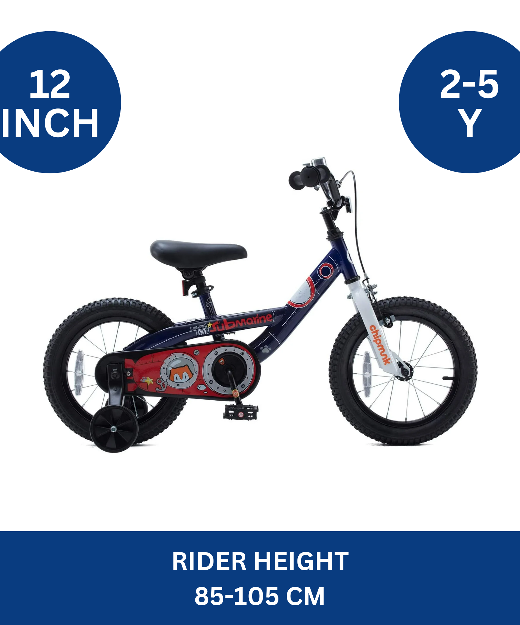 دراجة Chipmunk Submarine مقاس 12 بوصة بإطار فولاذي خفيف الوزن، ومقعد ومقبض قابلين للتعديل، وفرامل أمامية وخلفية، ودراجات أطفال مجمعة مسبقًا بنسبة 95% مع عجلات تدريب للأطفال من عمر 2 إلى 5 سنوات، لون أزرق داكن
