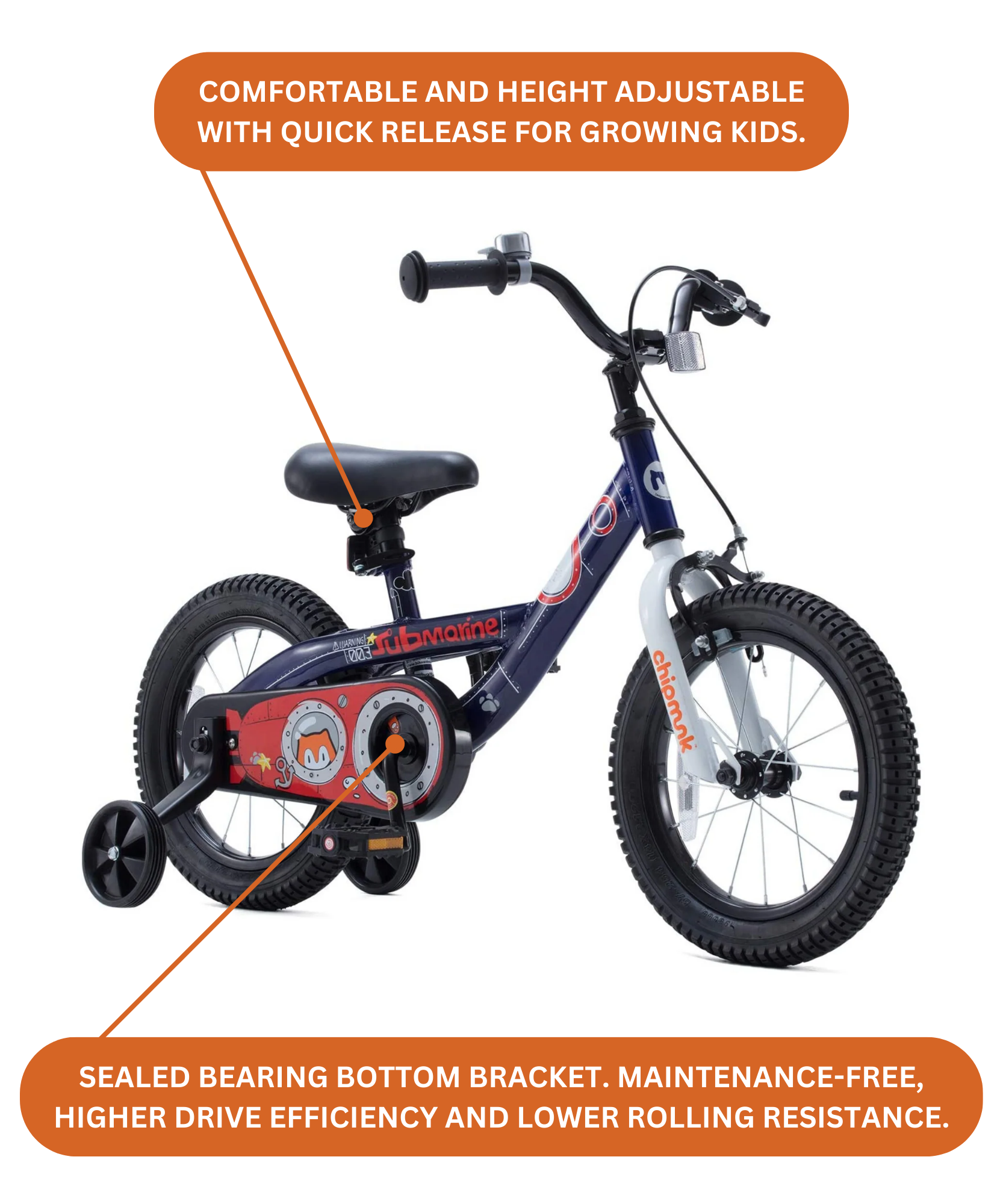 دراجة Chipmunk Submarine مقاس 18 بوصة بإطار فولاذي خفيف الوزن، ومقعد ومقبض قابلين للتعديل، وفرامل أمامية وخلفية، ودراجات أطفال مجمعة مسبقًا بنسبة 95% مع عجلات تدريب للأطفال من سن 6 إلى 9 سنوات، لون أزرق داكن