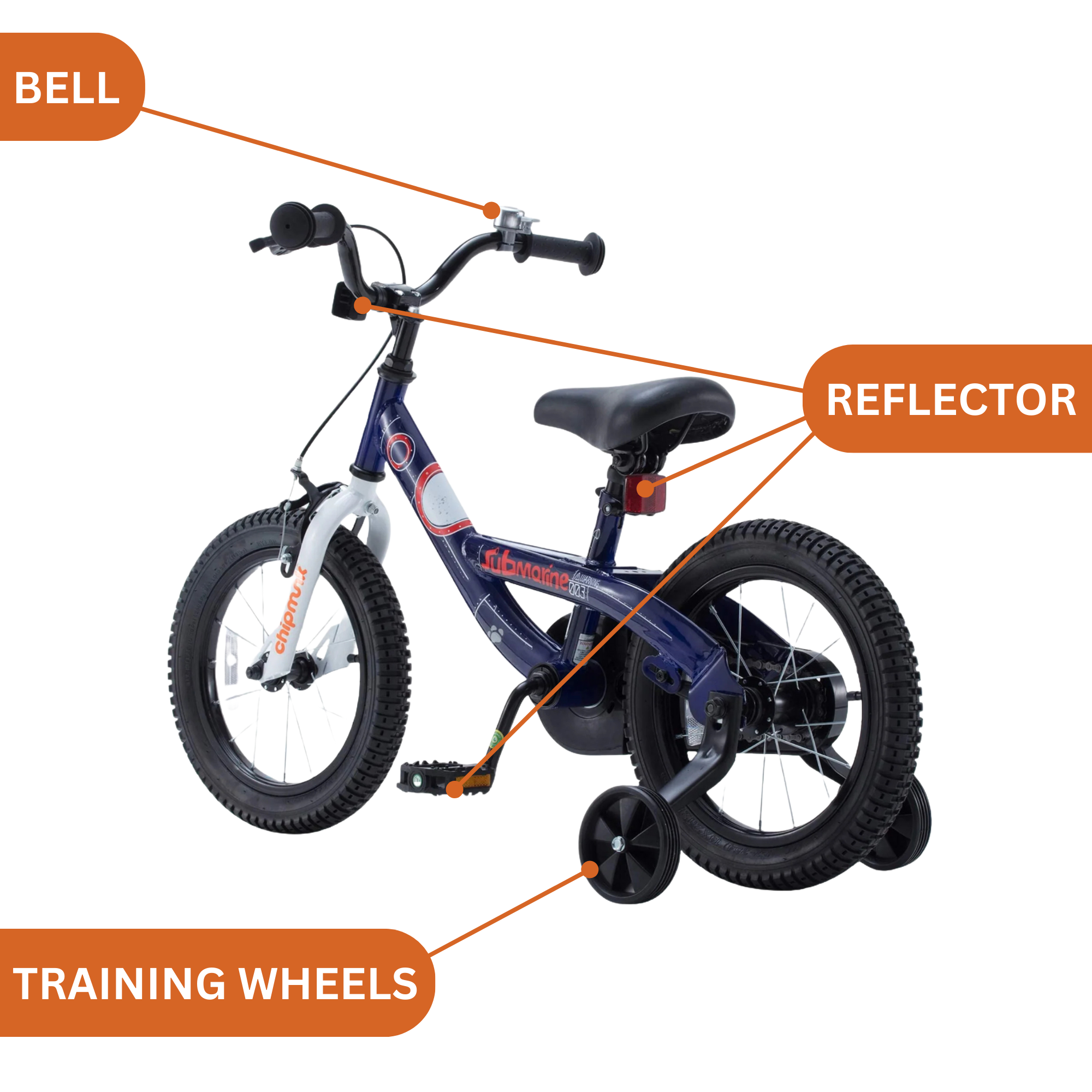 دراجة Chipmunk Submarine مقاس 14 بوصة بإطار فولاذي خفيف الوزن، ومقعد ومقبض قابلين للتعديل، وفرامل أمامية وخلفية، ودراجات أطفال مجمعة مسبقًا بنسبة 95% مع عجلات تدريب للأطفال من سن 3 إلى 6 سنوات، لون أزرق داكن