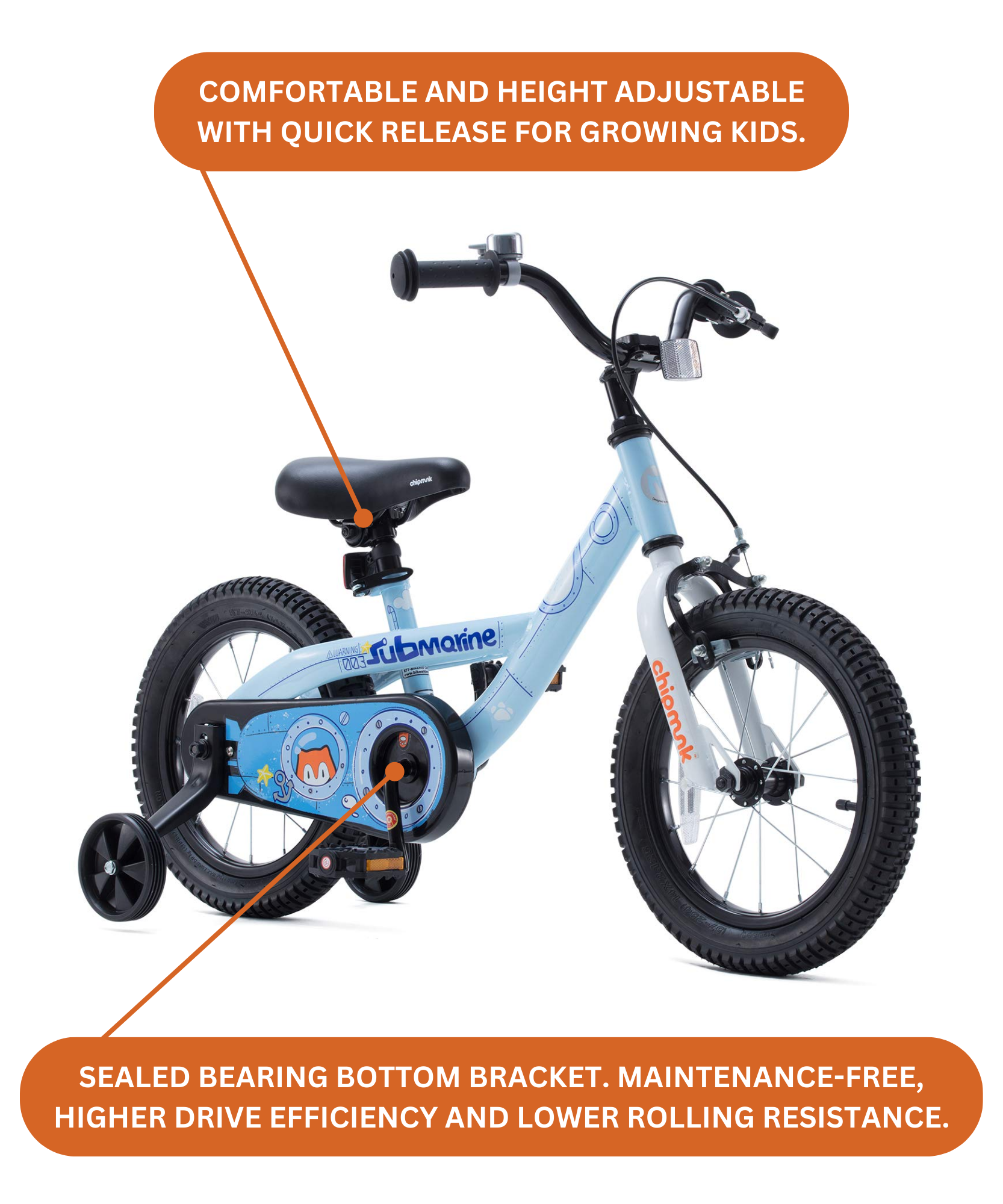 دراجة تشيبمنك سابمارين مقاس 16 بوصة بإطار فولاذي خفيف الوزن، ومقعد ومقبض قابلان للتعديل، وفرامل أمامية وخلفية، ودراجات أطفال مجمعة مسبقًا بنسبة 95% مع عجلات تدريب للأطفال من سن 4 إلى 7 سنوات، لون أزرق