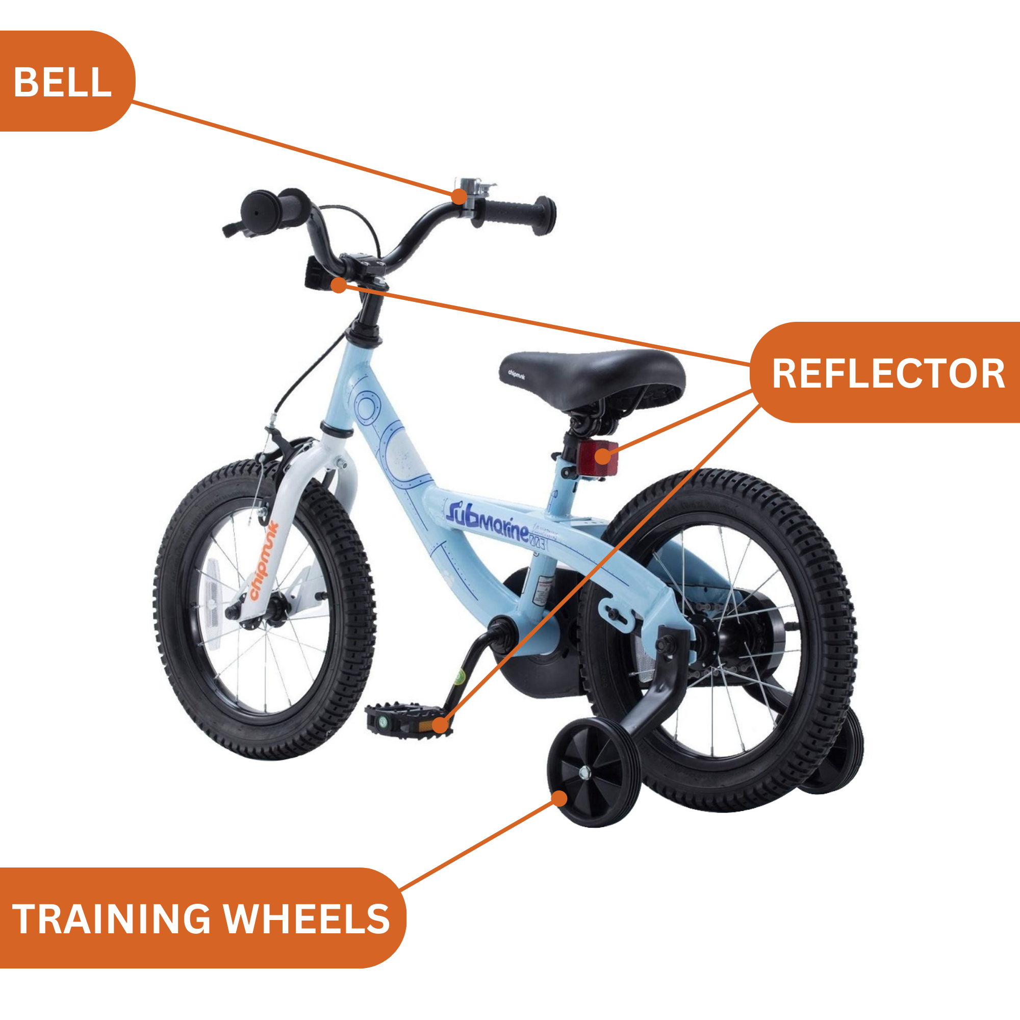 دراجة تشيبمنك سابمارين مقاس 14 بوصة بإطار فولاذي خفيف الوزن، ومقعد ومقبض قابلان للتعديل، وفرامل أمامية وخلفية، ودراجات أطفال مجمعة مسبقًا بنسبة 95% مع عجلات تدريب للأطفال من سن 3 إلى 6 سنوات، باللون الأزرق