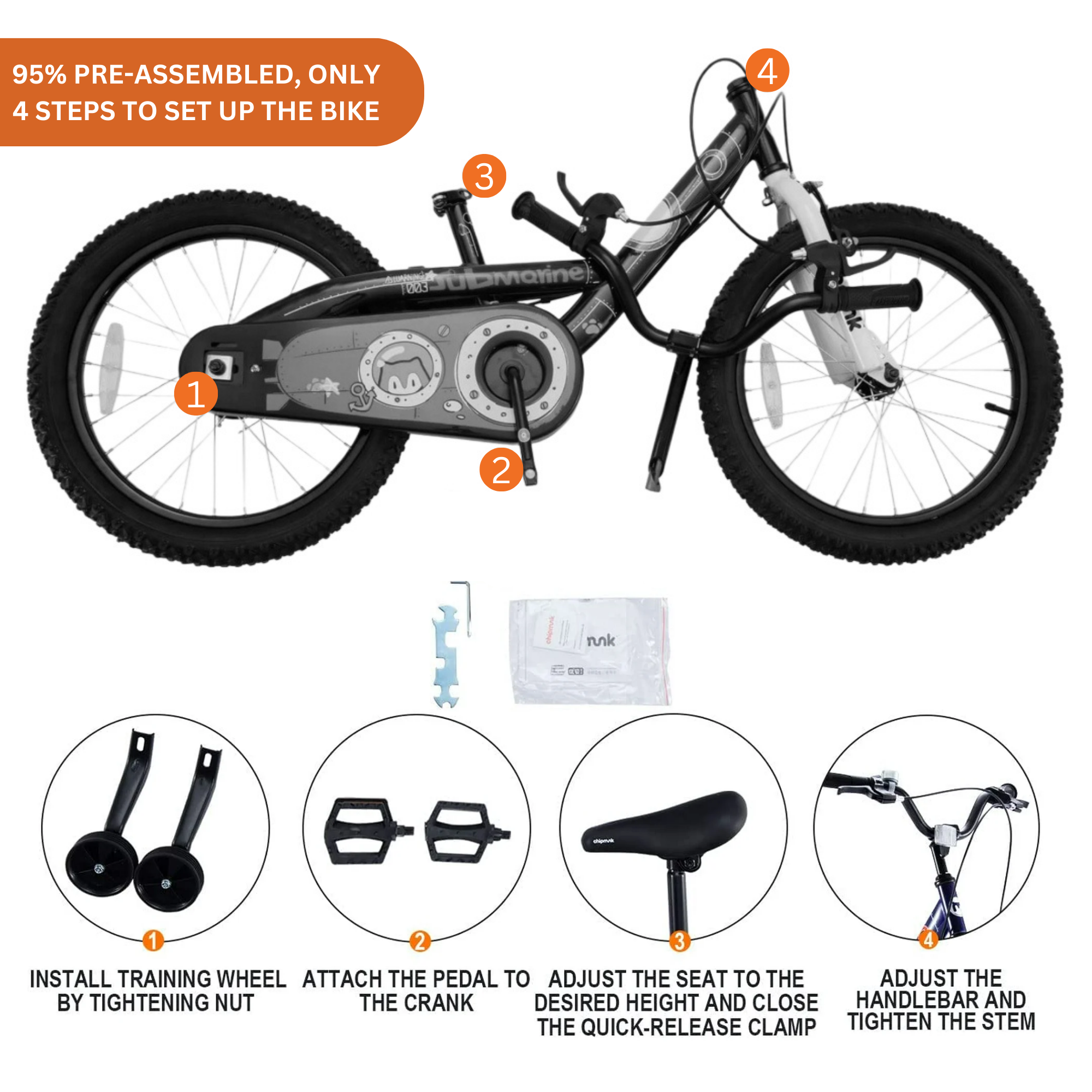 Chipmunk Submarine 16 Inch Bicycle with Lightweight Steel Frame, Adjustable Seat and Handle, Front + Rear Brakes, 95% Pre-Assembled Kid's Bikes with Training Wheels for Children 4-7 Years Old, Pink