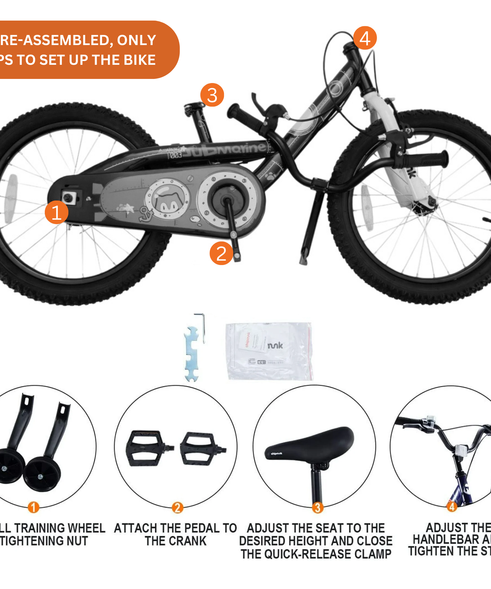 دراجة تشيبمنك سابمارين مقاس 12 بوصة بإطار فولاذي خفيف الوزن، ومقعد ومقبض قابلان للتعديل، وفرامل أمامية وخلفية، ودراجات أطفال مجمعة مسبقًا بنسبة 95% مع عجلات تدريب للأطفال من عمر 2 إلى 5 سنوات، لون أزرق