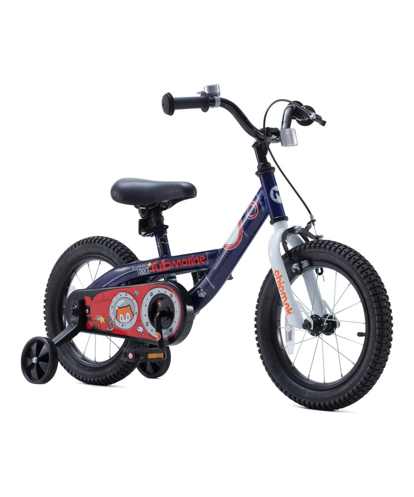 دراجة Chipmunk Submarine مقاس 14 بوصة بإطار فولاذي خفيف الوزن، ومقعد ومقبض قابلين للتعديل، وفرامل أمامية وخلفية، ودراجات أطفال مجمعة مسبقًا بنسبة 95% مع عجلات تدريب للأطفال من سن 3 إلى 6 سنوات، لون أزرق داكن