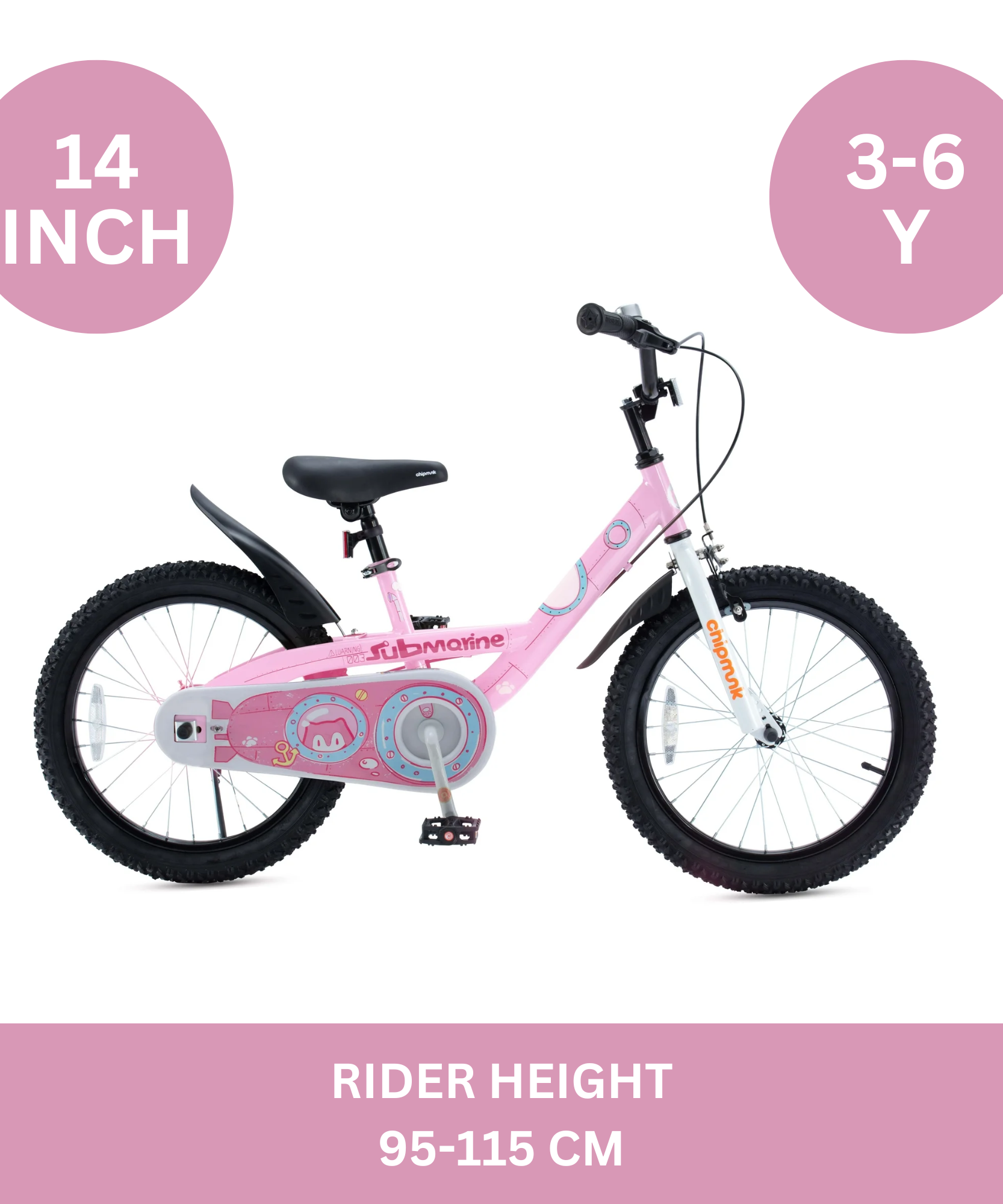دراجة تشيبمنك سابمارين مقاس 14 بوصة بإطار فولاذي خفيف الوزن، ومقعد ومقبض قابلان للتعديل، وفرامل أمامية وخلفية، ودراجات أطفال مجمعة مسبقًا بنسبة 95% مع عجلات تدريب للأطفال من سن 3 إلى 6 سنوات، لون وردي